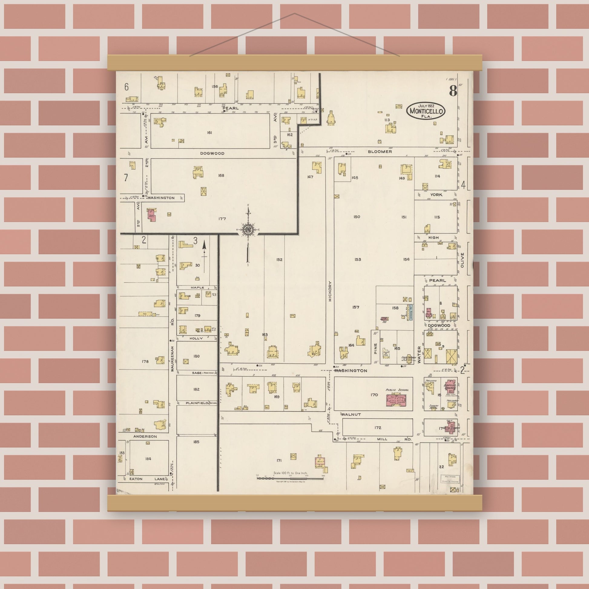 Old map wall art mockup — magnetic wood frame on brick wall — Sanborn Fire Insurance Map from Monticello, Jefferson County, Florida (1922), Sheet #0008
