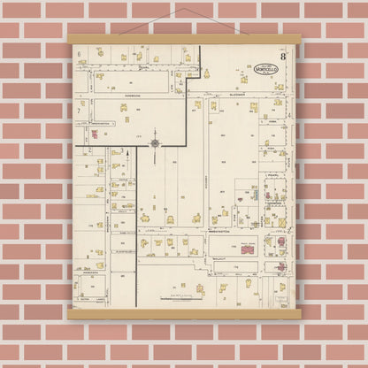 Old map wall art mockup — magnetic wood frame on brick wall — Sanborn Fire Insurance Map from Monticello, Jefferson County, Florida (1922), Sheet #0008