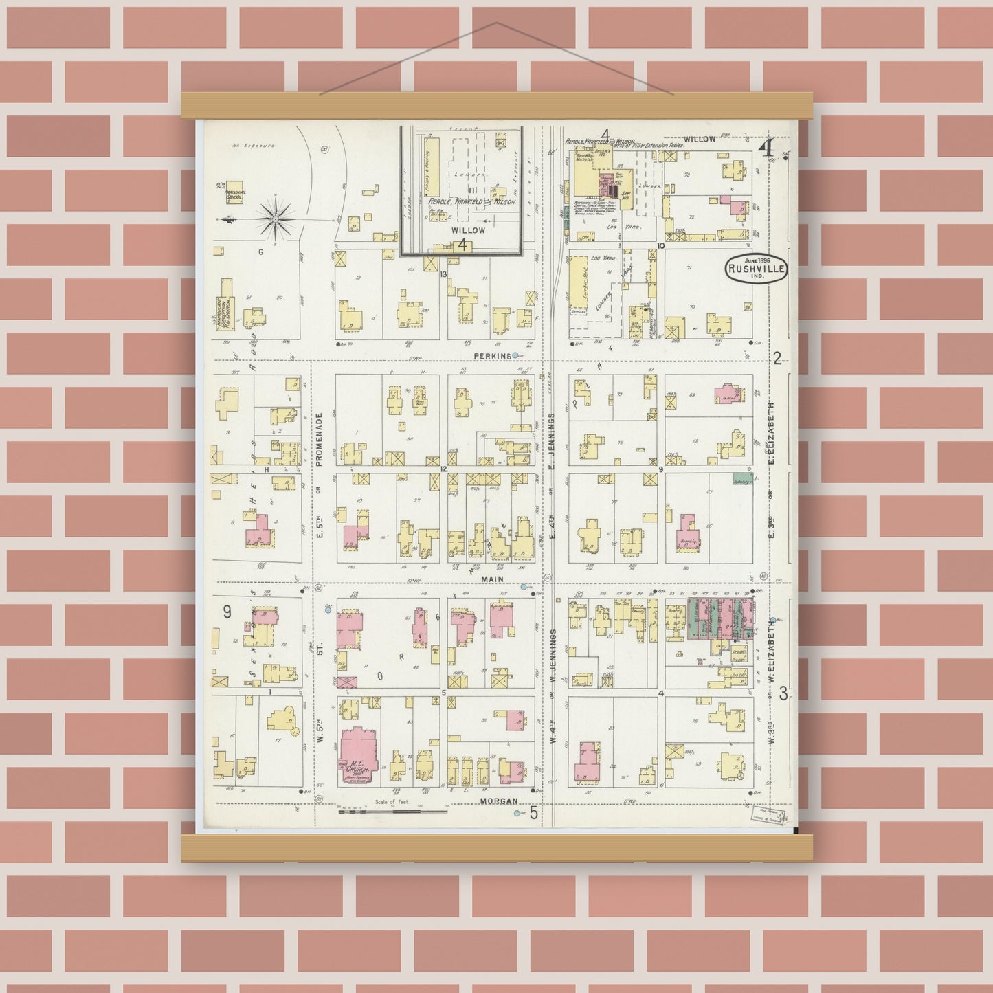 Old map wall art mockup — magnetic wood frame on brick wall — Sanborn Fire Insurance Map from Rushville, Rush County, Indiana (1896), Sheet #0004