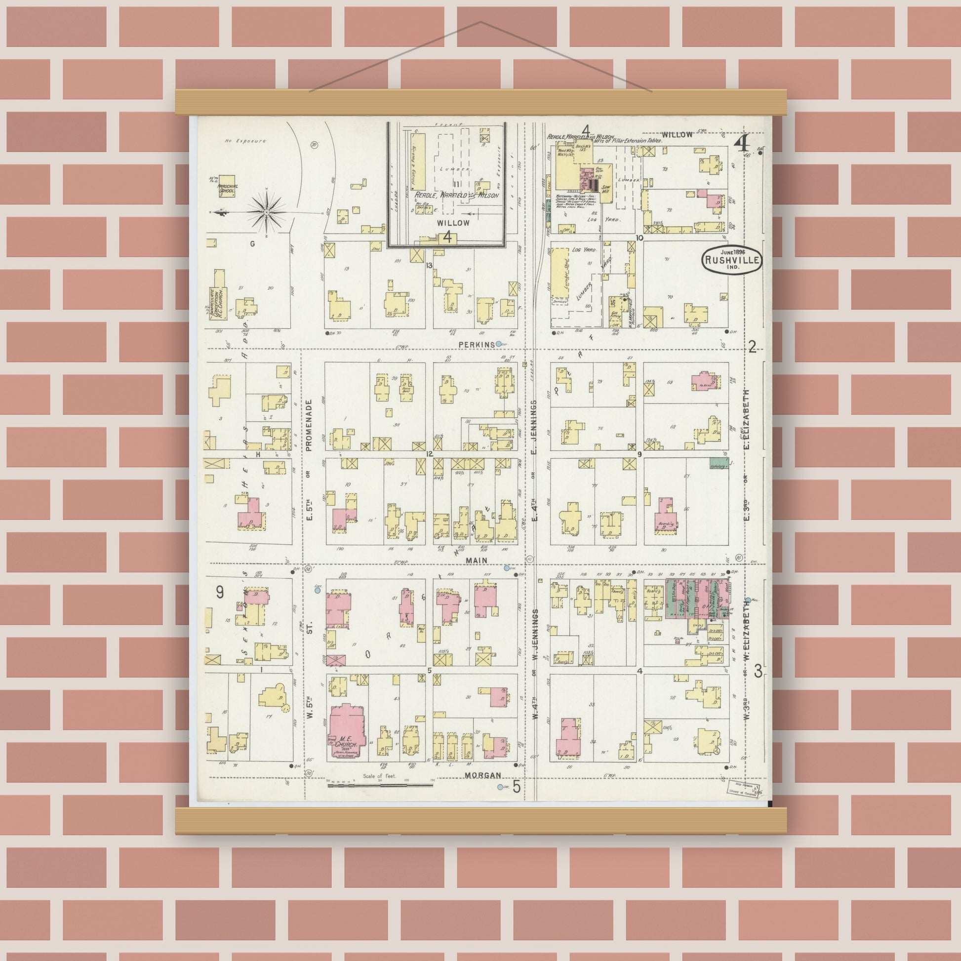 Old map wall art mockup — magnetic wood frame on brick wall — Sanborn Fire Insurance Map from Rushville, Rush County, Indiana (1896), Sheet #0004