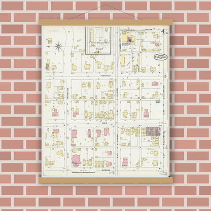 Old map wall art mockup — magnetic wood frame on brick wall — Sanborn Fire Insurance Map from Rushville, Rush County, Indiana (1896), Sheet #0004