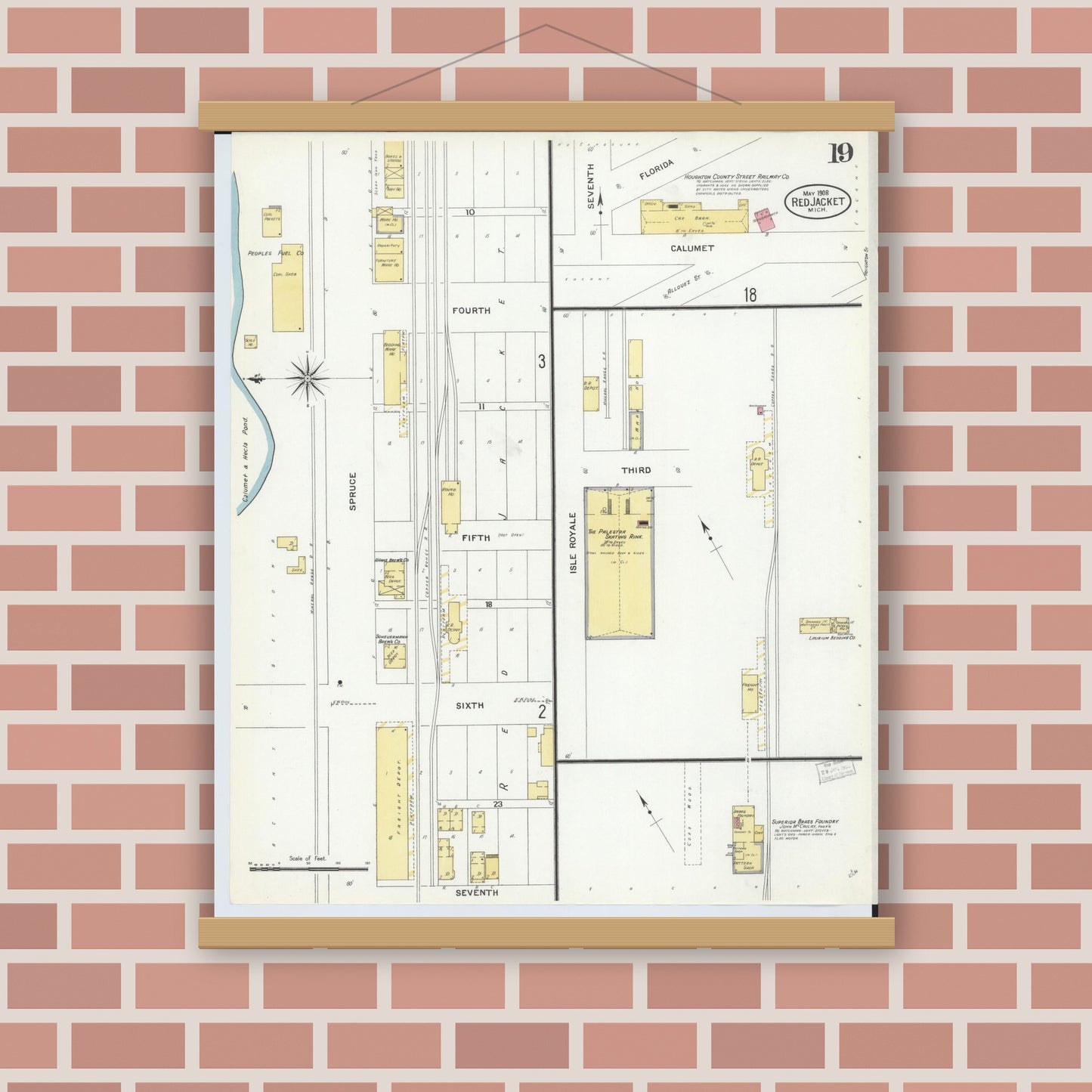 Old map wall art mockup — magnetic wood frame on brick wall — Sanborn Fire Insurance Map from Red Jacket, Houghton County, Michigan (1908), Sheet #0019