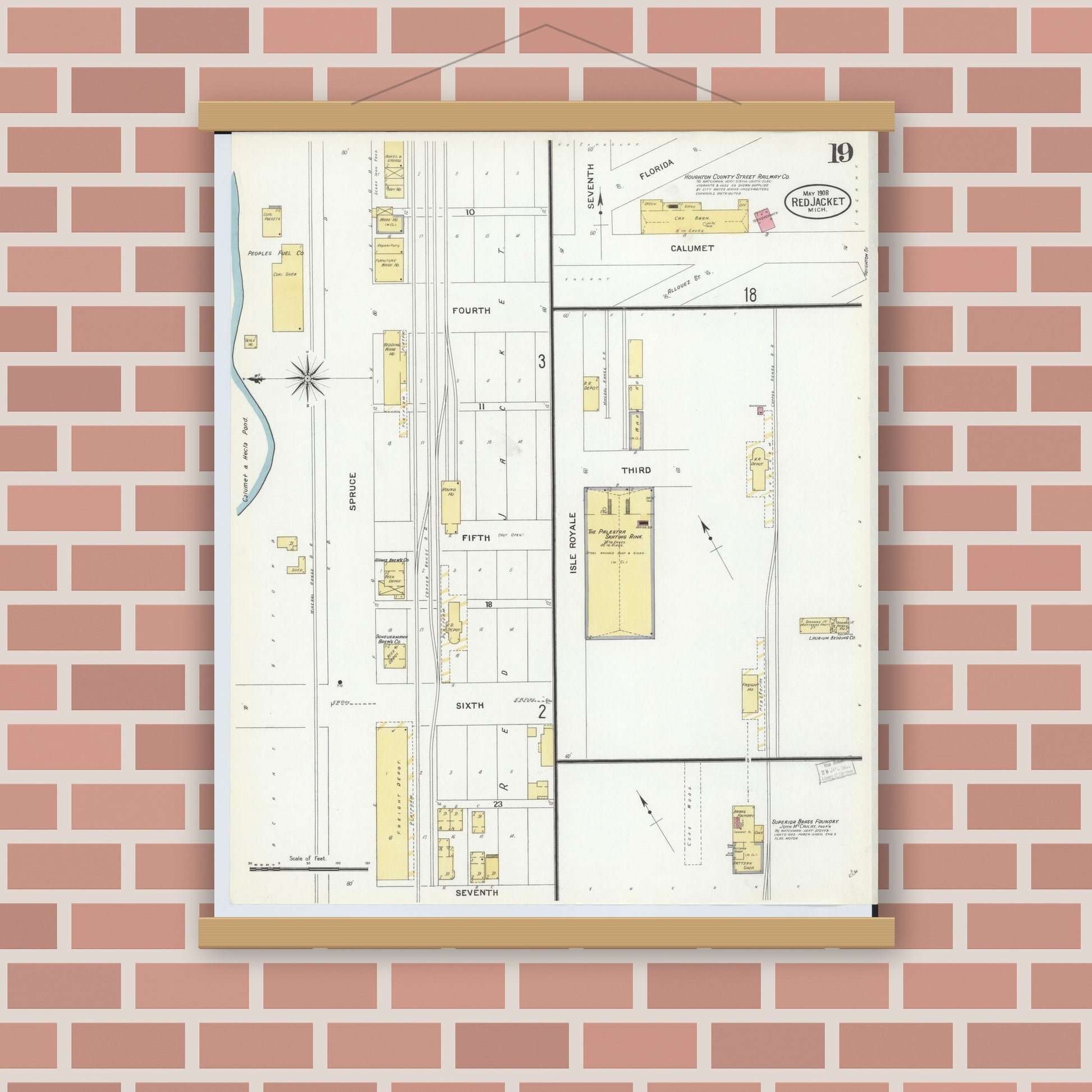 Old map wall art mockup — magnetic wood frame on brick wall — Sanborn Fire Insurance Map from Red Jacket, Houghton County, Michigan (1908), Sheet #0019