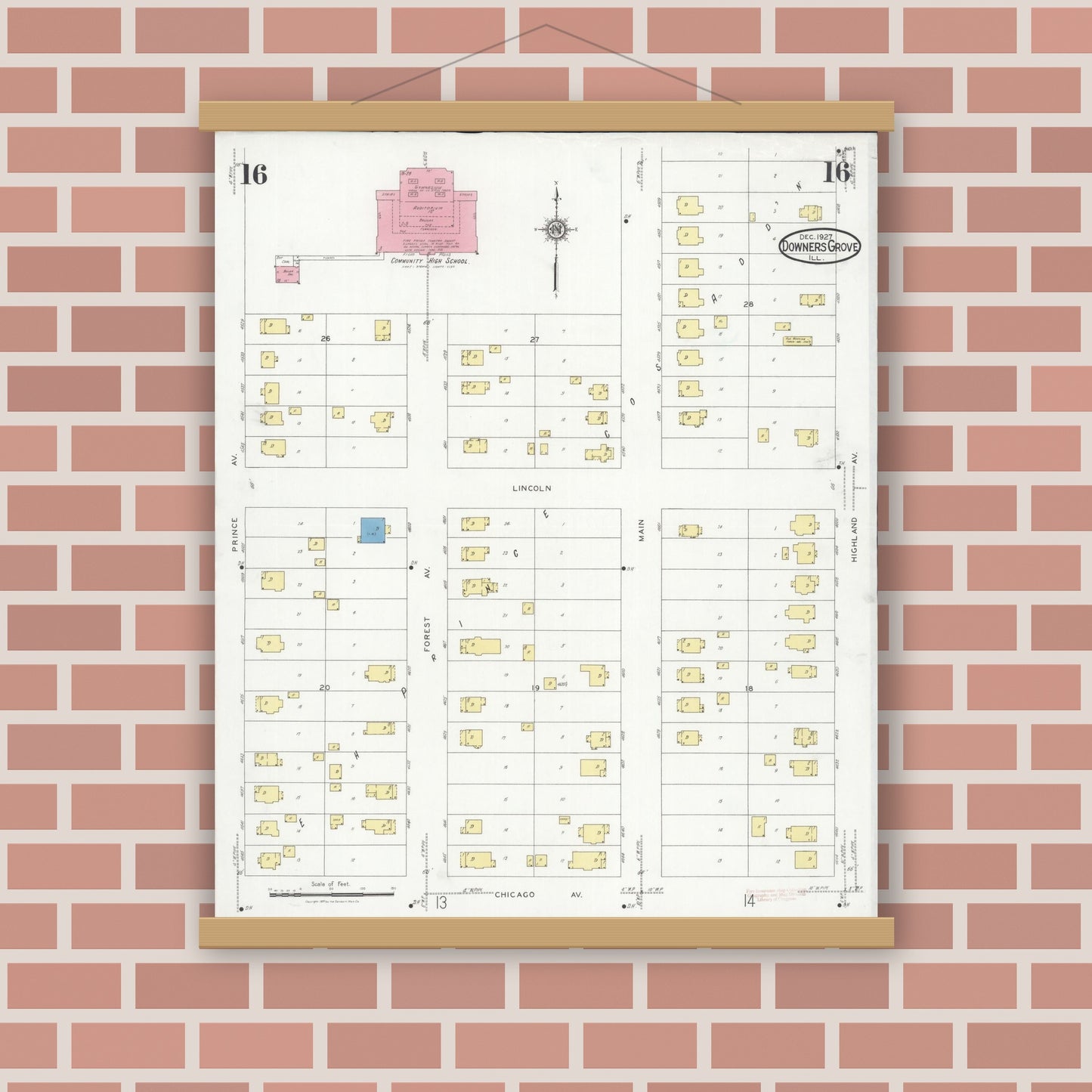Old map wall art mockup — magnetic wood frame on brick wall — Sanborn Fire Insurance Map from Downers Grove, Dupage County, Illinois (1927), Sheet #0016