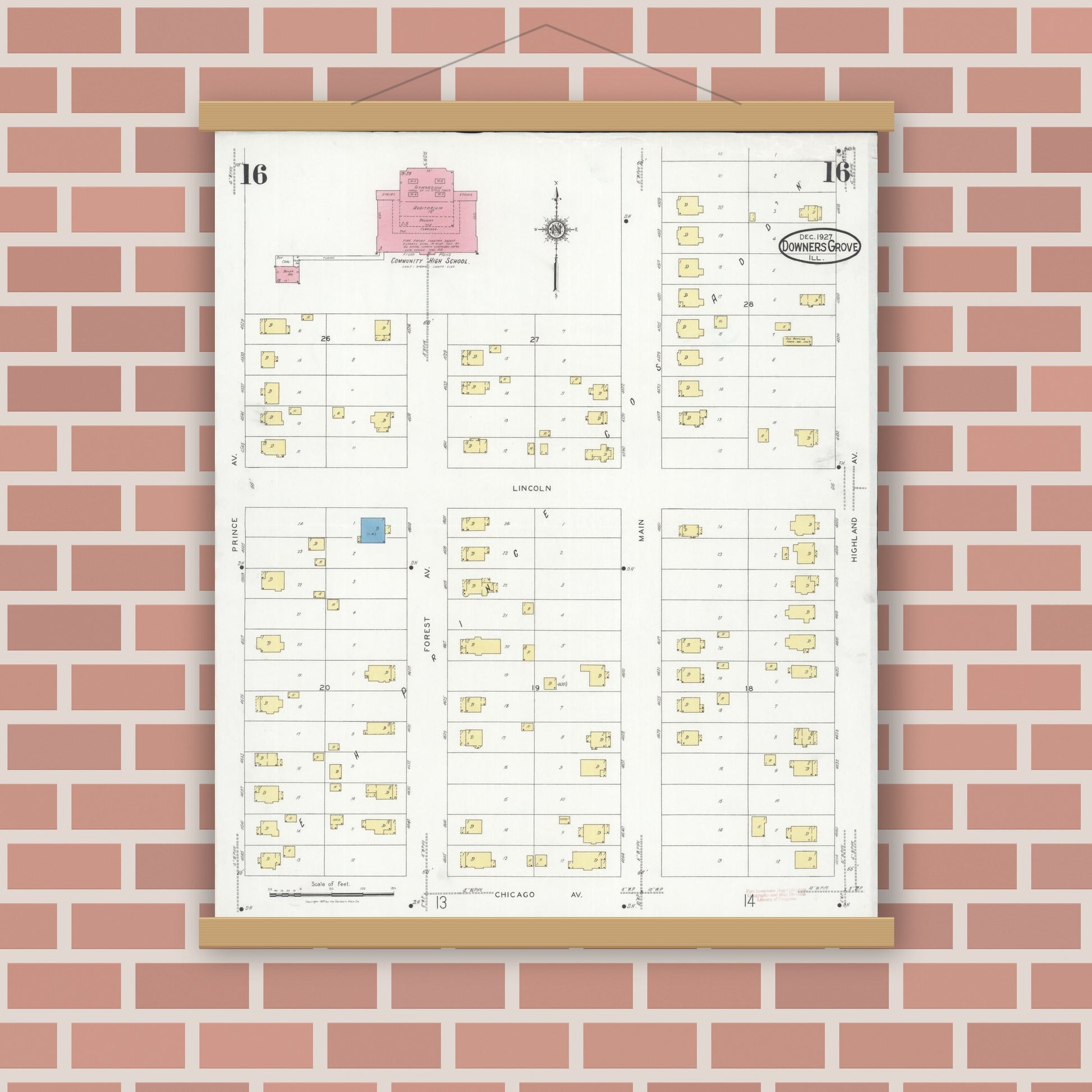 Old map wall art mockup — magnetic wood frame on brick wall — Sanborn Fire Insurance Map from Downers Grove, Dupage County, Illinois (1927), Sheet #0016