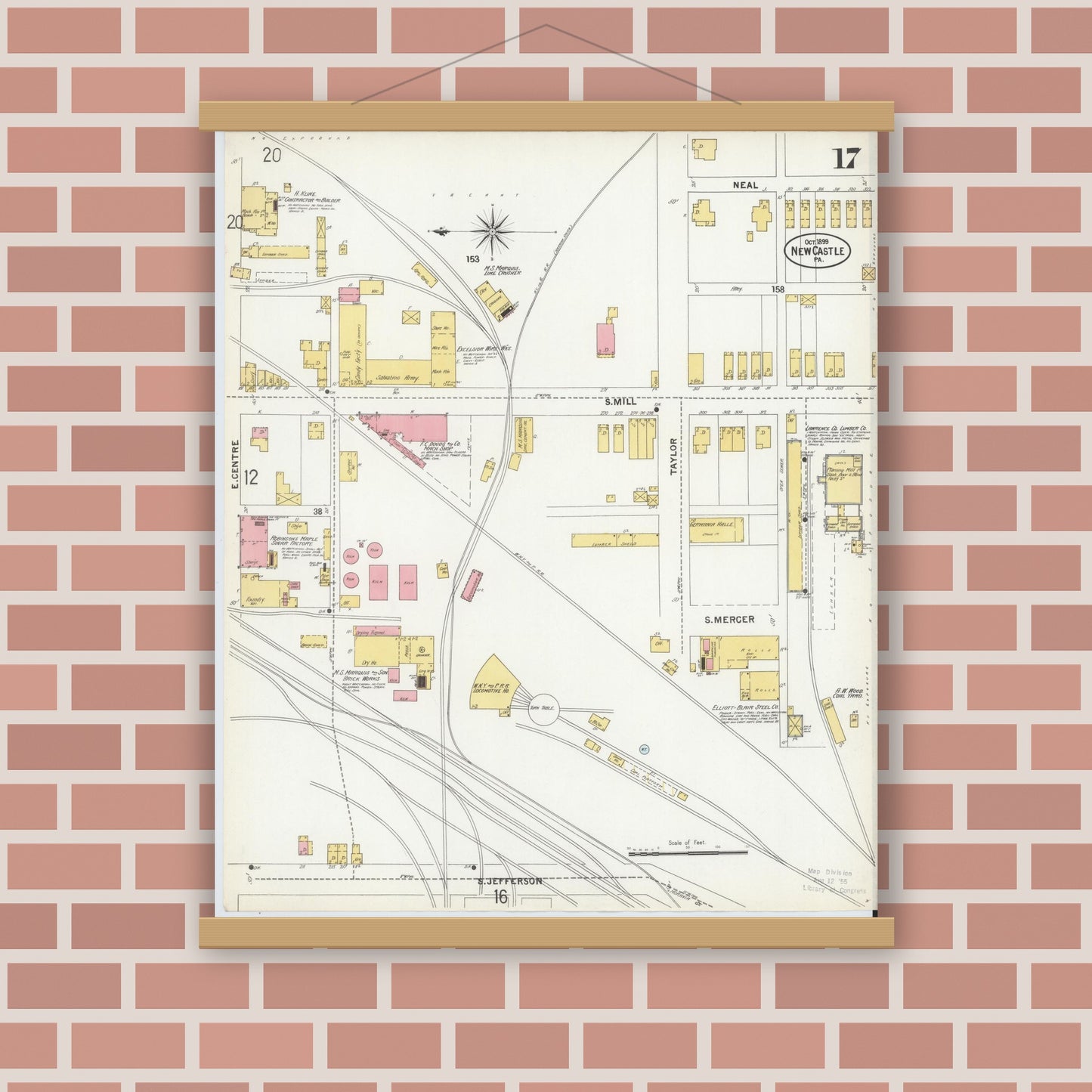 Old map wall art mockup — magnetic wood frame on brick wall — Sanborn Fire Insurance Map from New Castle, Lawrence County, Pennsylvania (1899), Sheet #0017