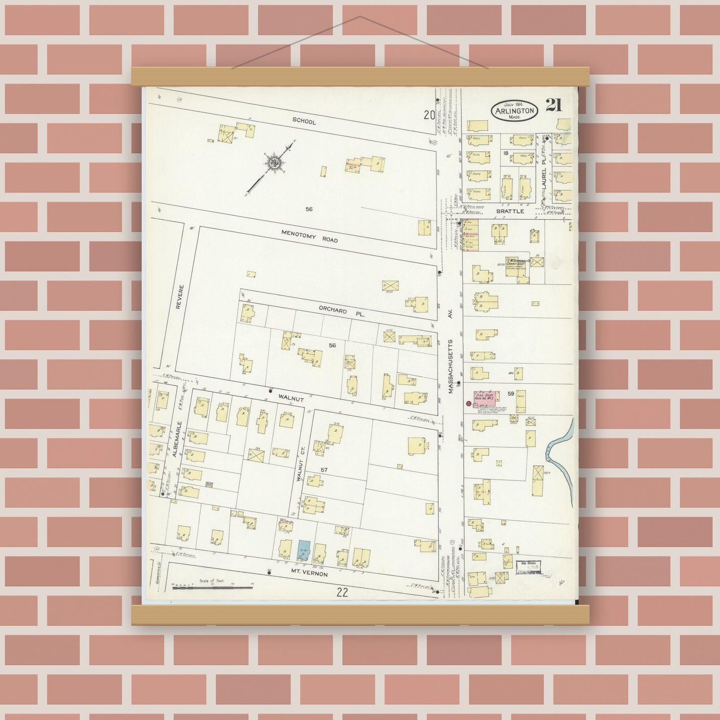 Old map wall art mockup — magnetic wood frame on brick wall — Sanborn Fire Insurance Map from Arlington, Middlesex County, Massachusetts (1914), Sheet #0021