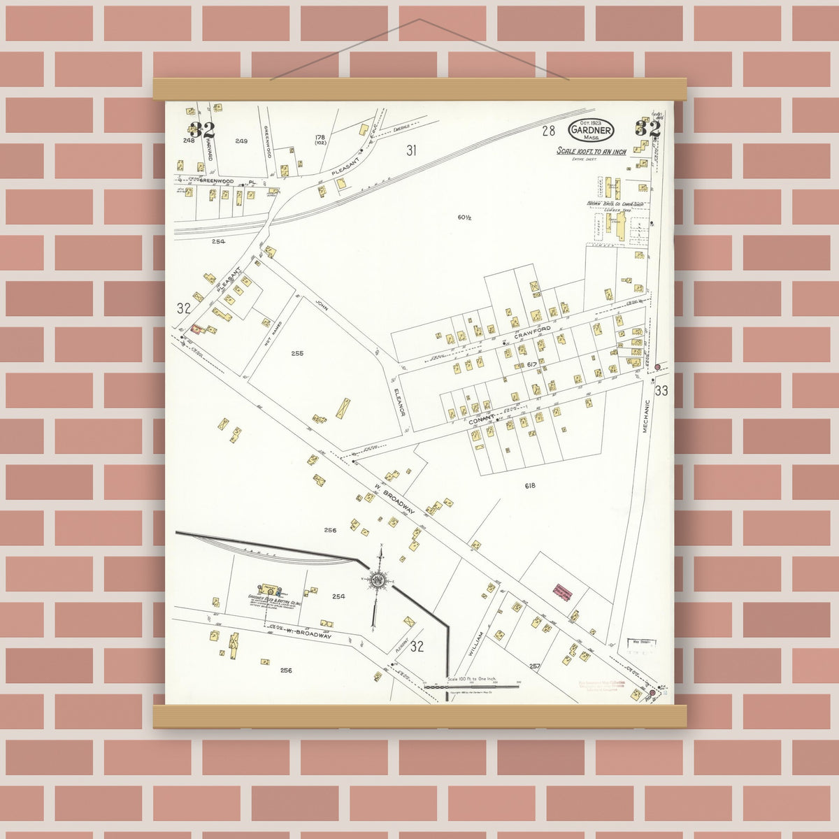 Old map wall art mockup — magnetic wood frame on brick wall — Sanborn Fire Insurance Map from Gardner, Worcester County, Massachusetts (1923), Sheet #0032