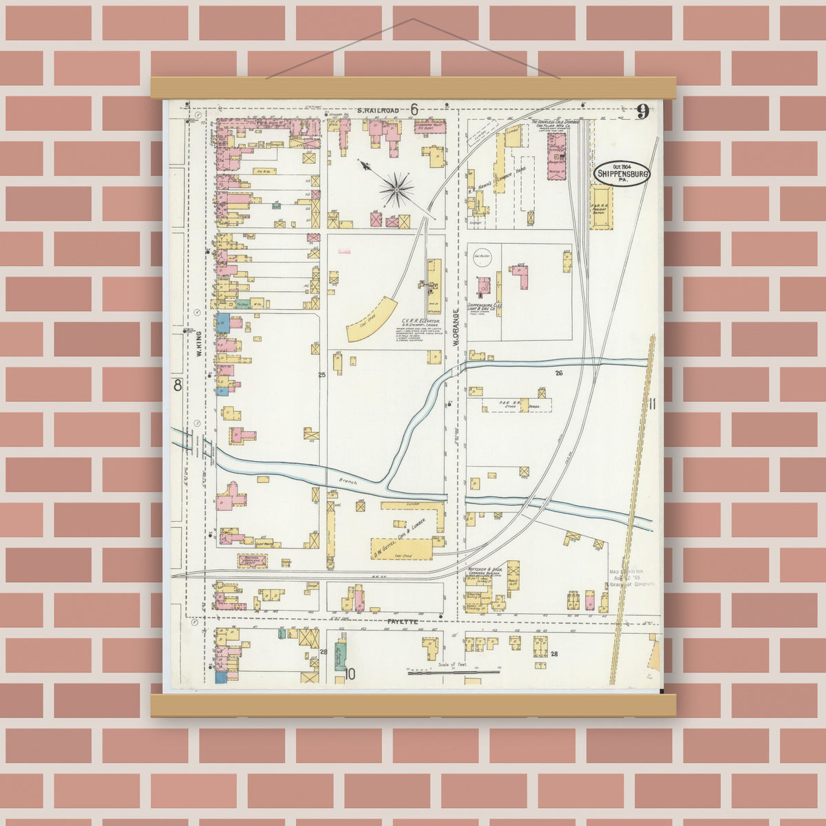 Old map wall art mockup — magnetic wood frame on brick wall — Sanborn Fire Insurance Map from Shippensburg, Cumberland And Franklin Counties, Pennsylvania (1904), Sheet #0009