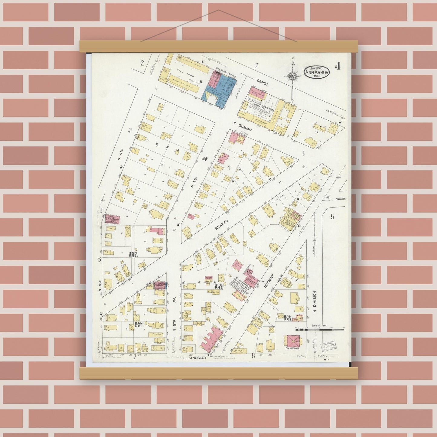 Old map wall art mockup — magnetic wood frame on brick wall — Sanborn Fire Insurance Map from Ann Arbor, Washtenaw County, Michigan (1916), Sheet #0004