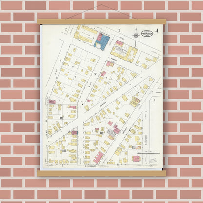 Old map wall art mockup — magnetic wood frame on brick wall — Sanborn Fire Insurance Map from Ann Arbor, Washtenaw County, Michigan (1916), Sheet #0004