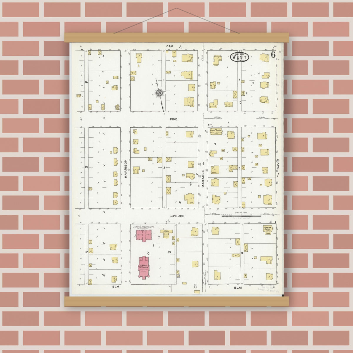 Old map wall art mockup — magnetic wood frame on brick wall — Sanborn Fire Insurance Map from West, McLennan County, Texas (1921), Sheet #0006