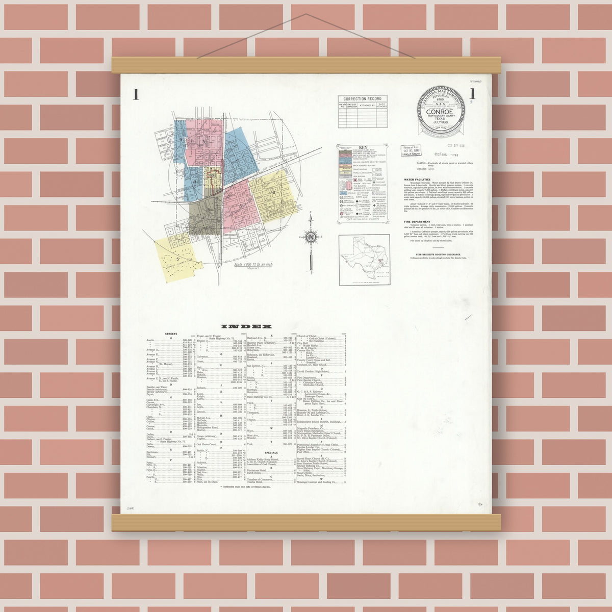 Old map wall art mockup — magnetic wood frame on brick wall — Sanborn Fire Insurance Map from Conroe, Montgomery County, Texas (1938), Sheet #0001