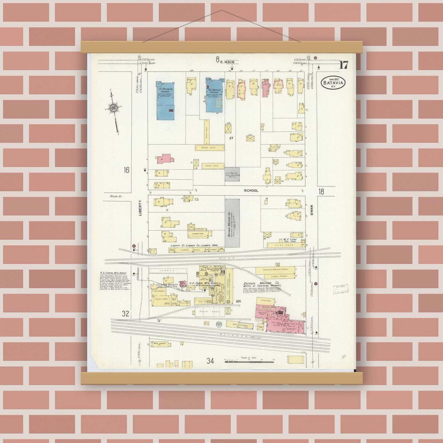 Old map wall art mockup — magnetic wood frame on brick wall — Sanborn Fire Insurance Map from Batavia, Genesee County, New York (1912), Sheet #0017