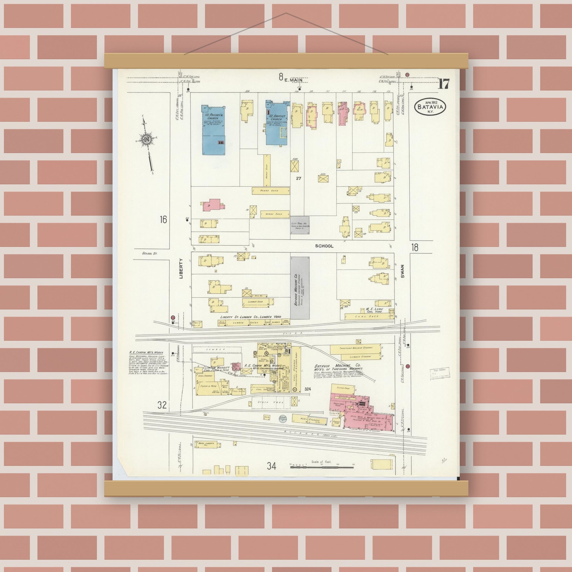 Old map wall art mockup — magnetic wood frame on brick wall — Sanborn Fire Insurance Map from Batavia, Genesee County, New York (1912), Sheet #0017