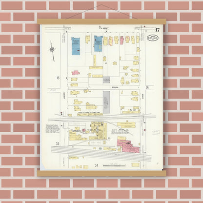 Old map wall art mockup — magnetic wood frame on brick wall — Sanborn Fire Insurance Map from Batavia, Genesee County, New York (1912), Sheet #0017