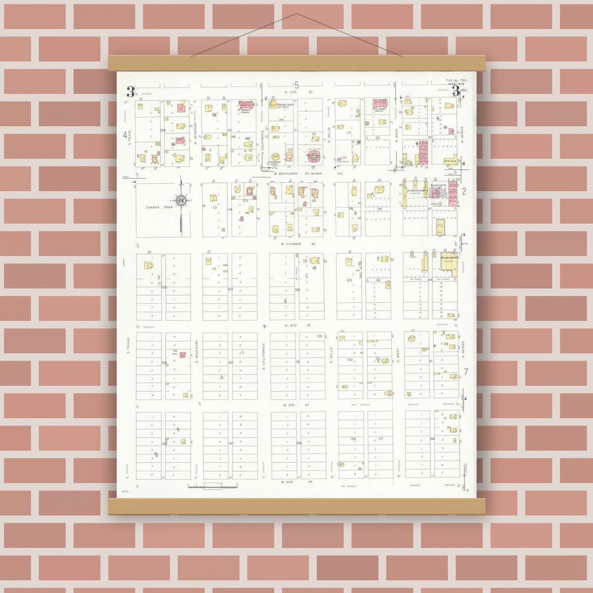 Old map wall art mockup — magnetic wood frame on brick wall — Sanborn Fire Insurance Map from Tulia, Swisher County, Texas (1936), Sheet #0003