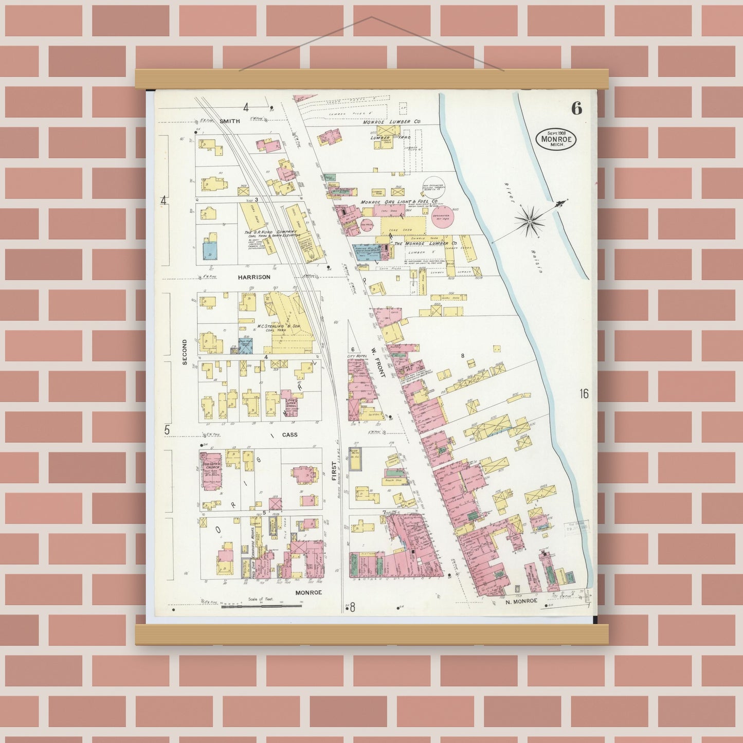Old map wall art mockup — magnetic wood frame on brick wall — Sanborn Fire Insurance Map from Monroe, Monroe County, Michigan (1908), Sheet #0006