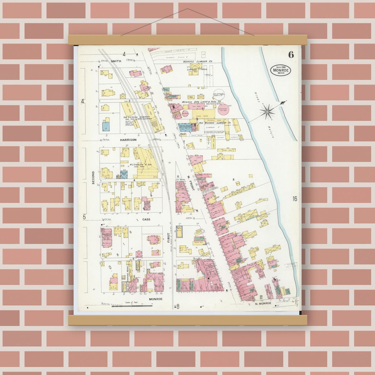 Old map wall art mockup — magnetic wood frame on brick wall — Sanborn Fire Insurance Map from Monroe, Monroe County, Michigan (1908), Sheet #0006