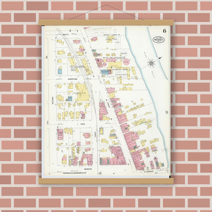 Old map wall art mockup — magnetic wood frame on brick wall — Sanborn Fire Insurance Map from Monroe, Monroe County, Michigan (1908), Sheet #0006