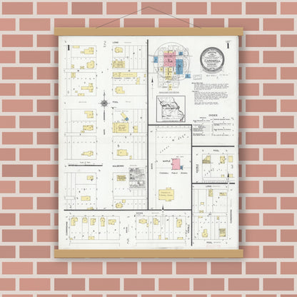 Old map wall art mockup — magnetic wood frame on brick wall — Sanborn Fire Insurance Map from Cardwell, Dunklin County, Missouri (1928) - Complete Map Set