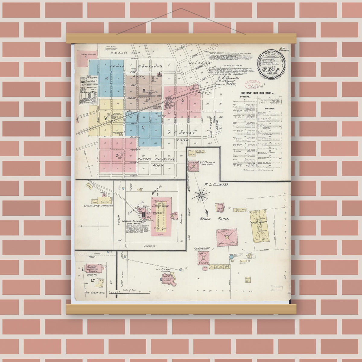 Old map wall art mockup — magnetic wood frame on brick wall — Sanborn Fire Insurance Map from De Kalb, De Kalb County, Illinois (1891) - Complete Map Set