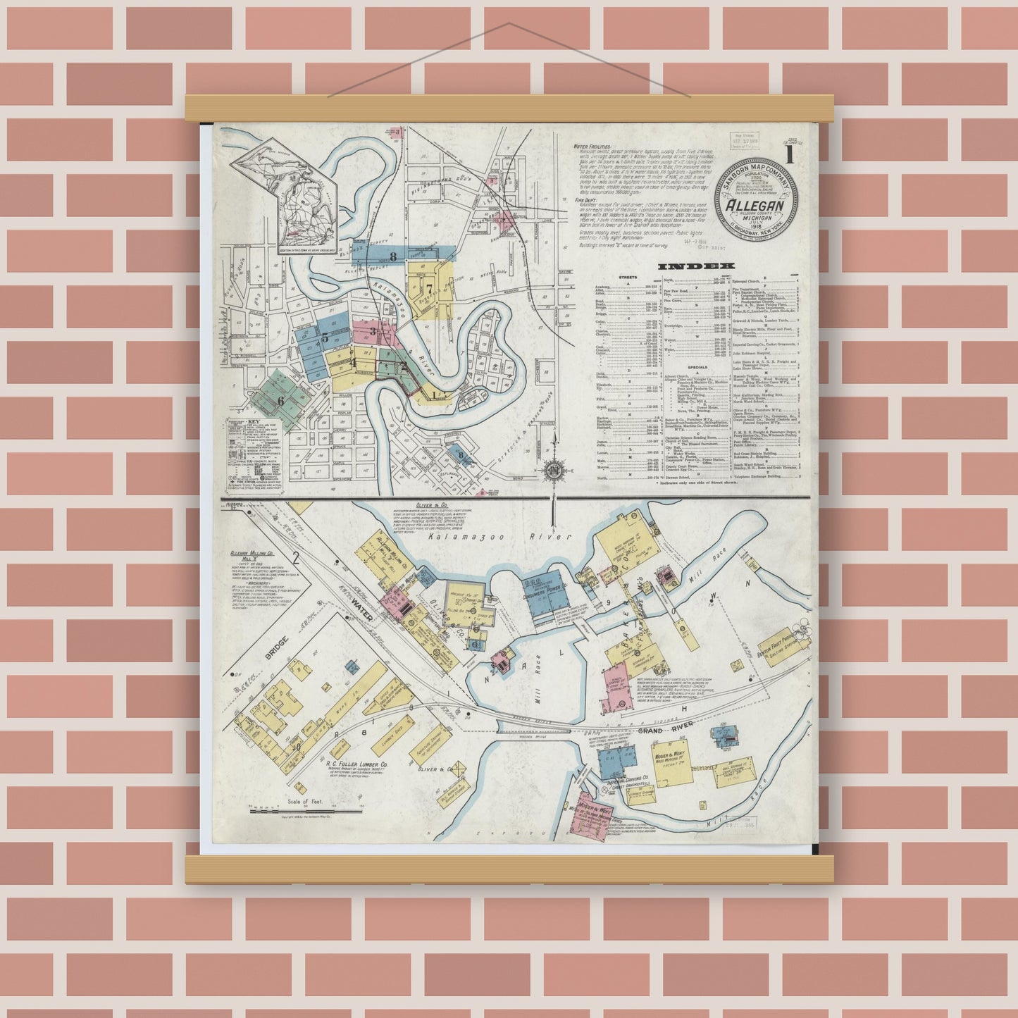 Old map wall art mockup — magnetic wood frame on brick wall — Sanborn Fire Insurance Map from Allegan, Allegan County, Michigan (1918) - Complete Map Set