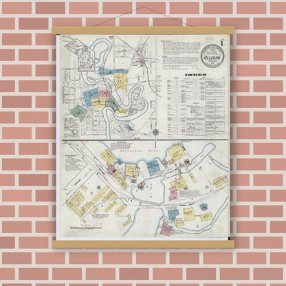 Old map wall art mockup — magnetic wood frame on brick wall — Sanborn Fire Insurance Map from Allegan, Allegan County, Michigan (1918) - Complete Map Set