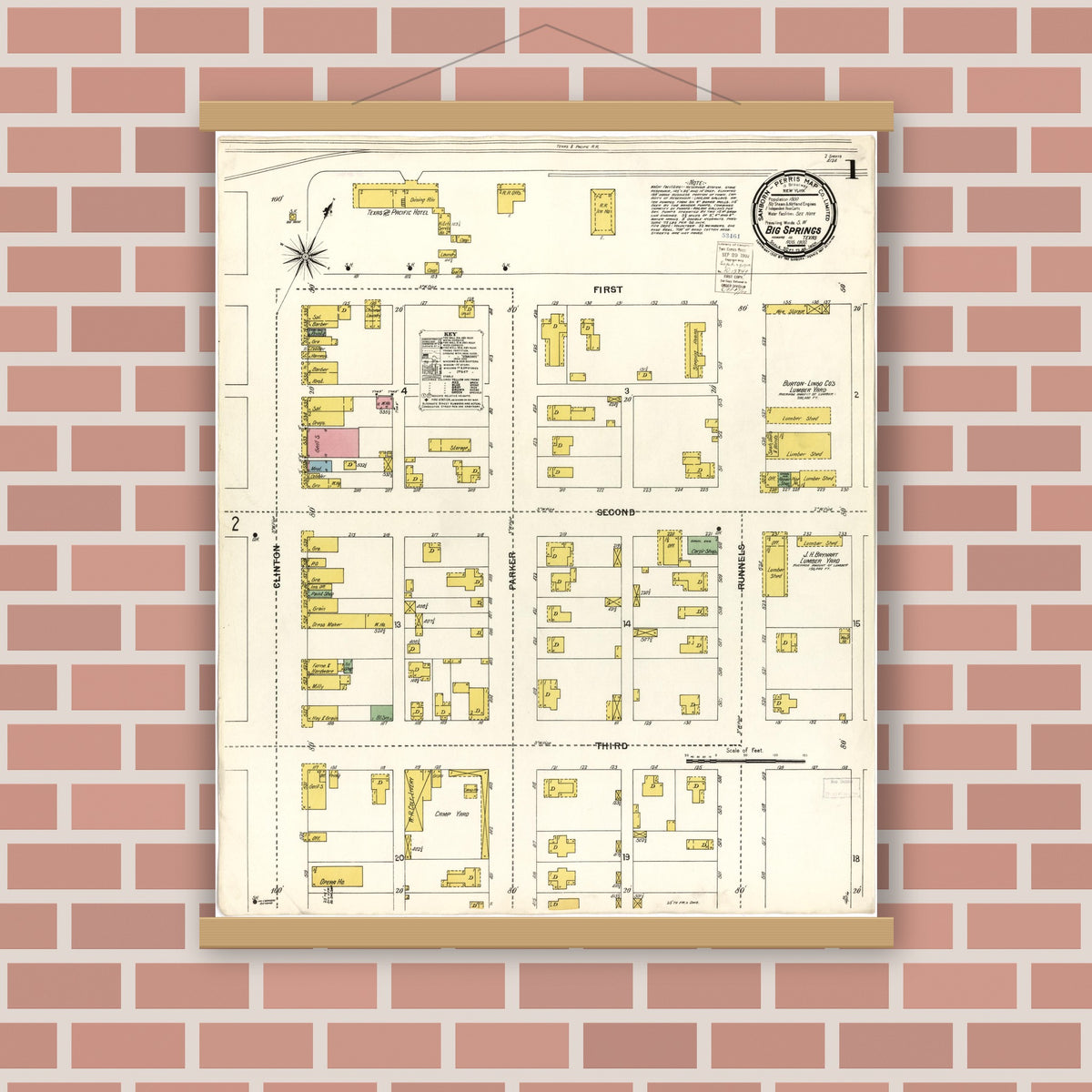 Old map wall art mockup — magnetic wood frame on brick wall — Sanborn Fire Insurance Map from Big Spring, Howard County, Texas (1900), Sheet #0001
