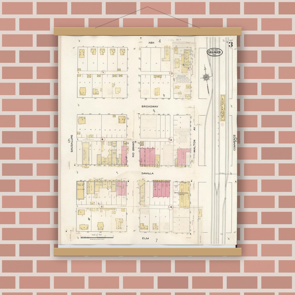 Old map wall art mockup — magnetic wood frame on brick wall — Sanborn Fire Insurance Map from Granger, Williamson County, Texas (1940), Sheet #0003