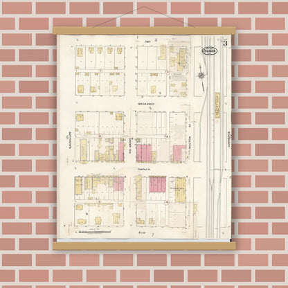 Old map wall art mockup — magnetic wood frame on brick wall — Sanborn Fire Insurance Map from Granger, Williamson County, Texas (1940), Sheet #0003