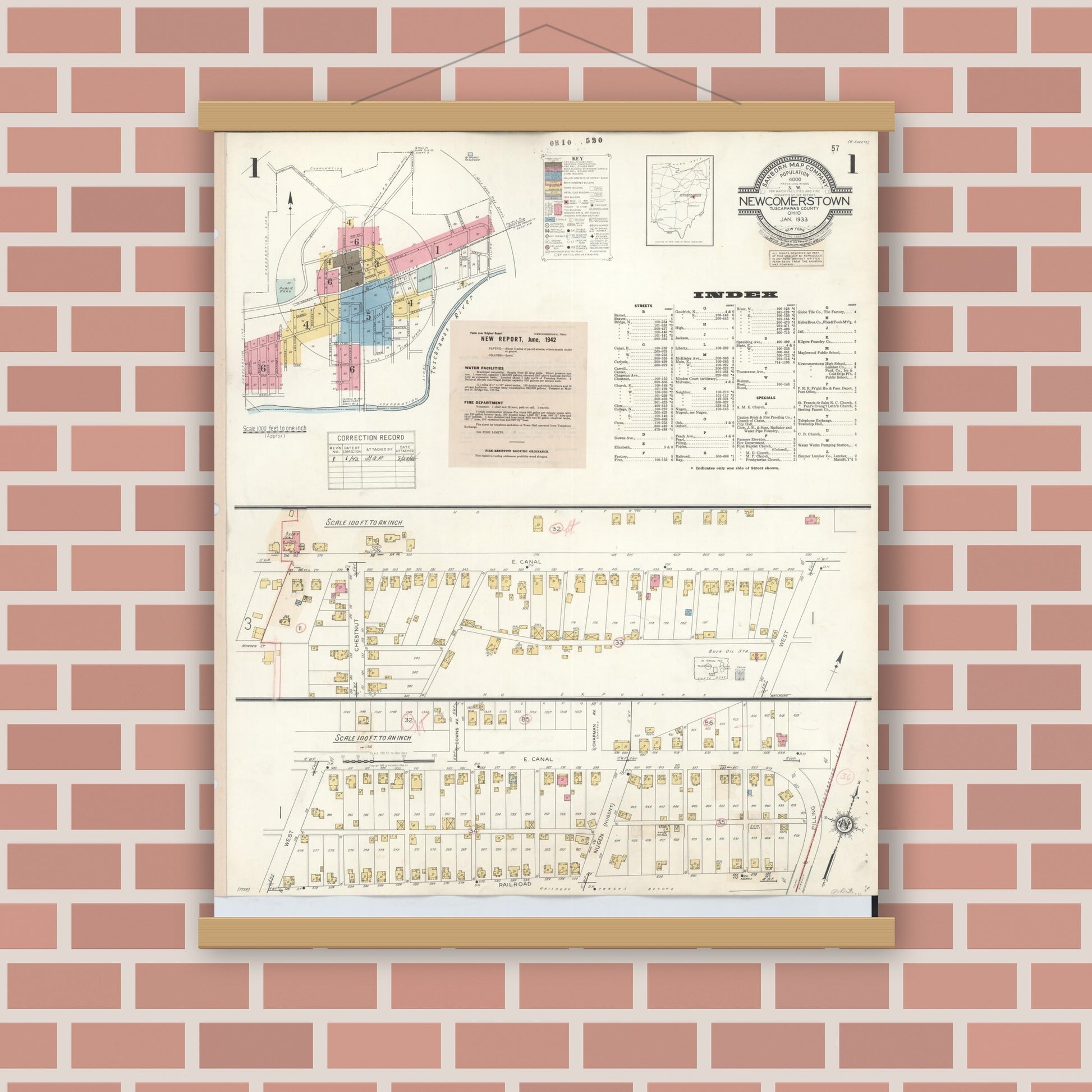 Old map wall art mockup — magnetic wood frame on brick wall — Sanborn Fire Insurance Map from Newcomerstown, Tuscarawas County, Ohio (1933), Sheet #0001