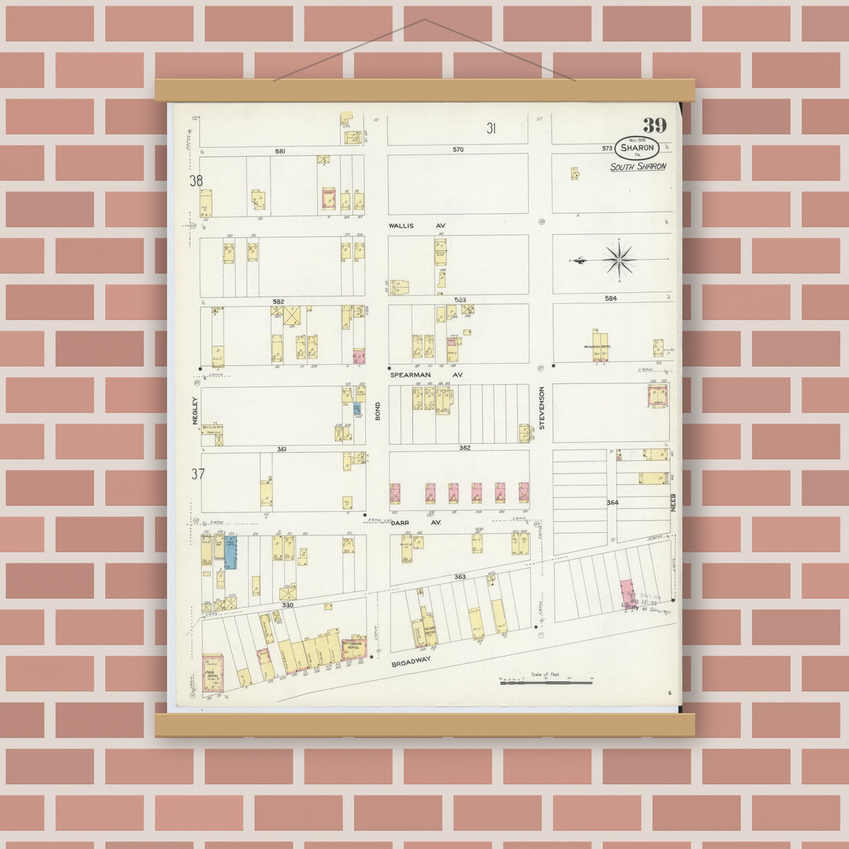 Old map wall art mockup — magnetic wood frame on brick wall — Sanborn Fire Insurance Map from Sharon, Mercer County, Pennsylvania (1908), Sheet #0039
