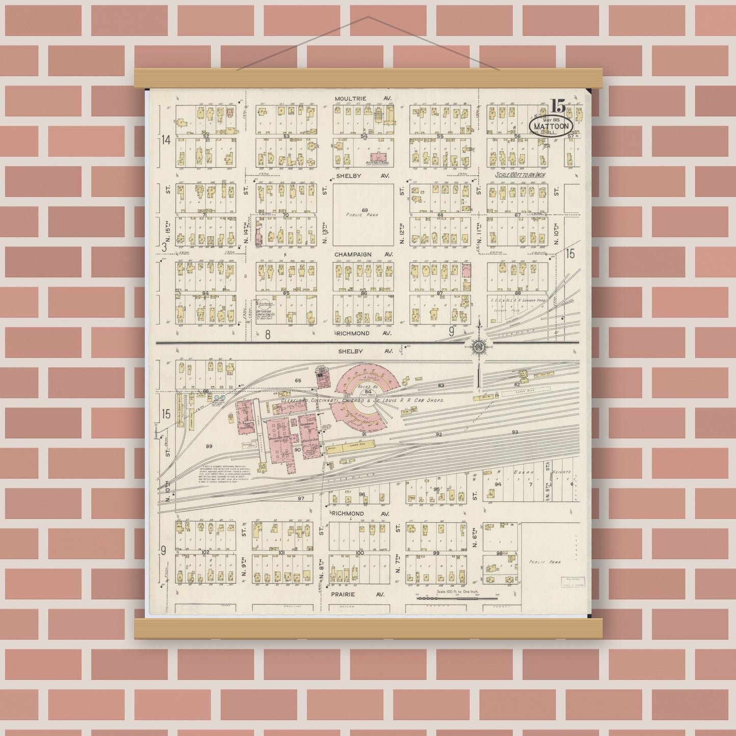 Old map wall art mockup — magnetic wood frame on brick wall — Sanborn Fire Insurance Map from Mattoon, Coles County, Illinois (1915), Sheet #0015
