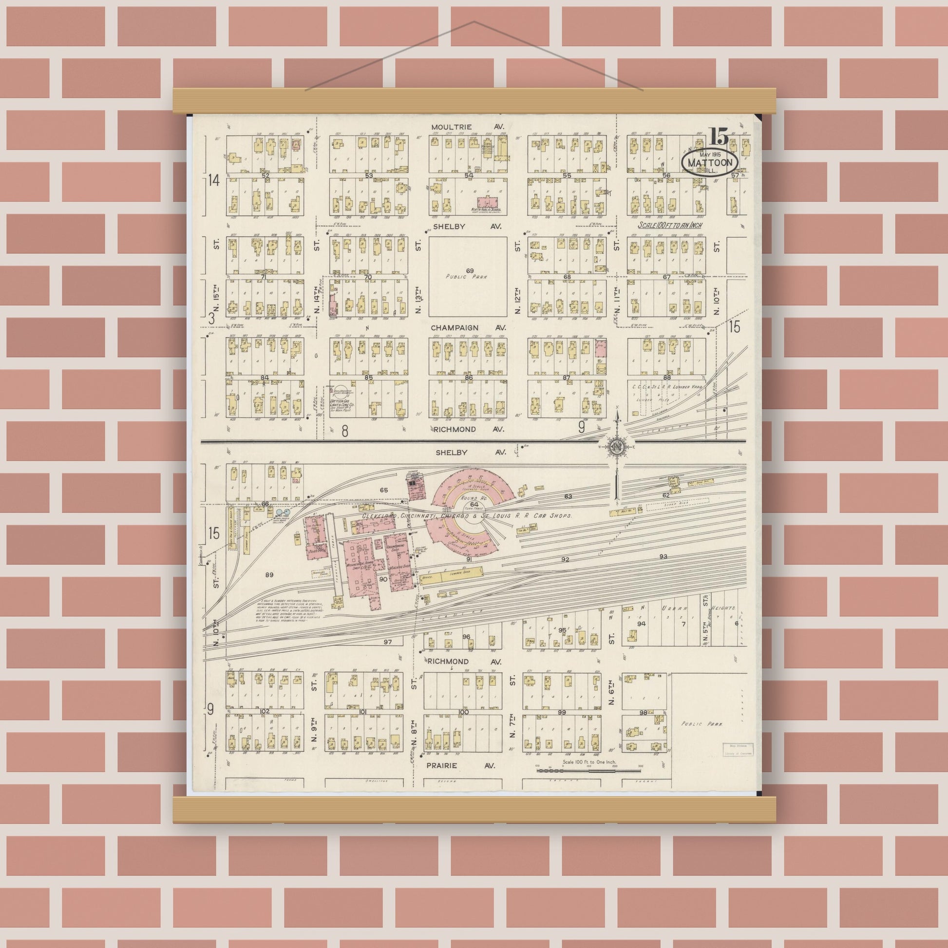 Old map wall art mockup — magnetic wood frame on brick wall — Sanborn Fire Insurance Map from Mattoon, Coles County, Illinois (1915), Sheet #0015