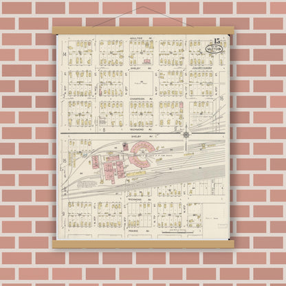 Old map wall art mockup — magnetic wood frame on brick wall — Sanborn Fire Insurance Map from Mattoon, Coles County, Illinois (1915), Sheet #0015