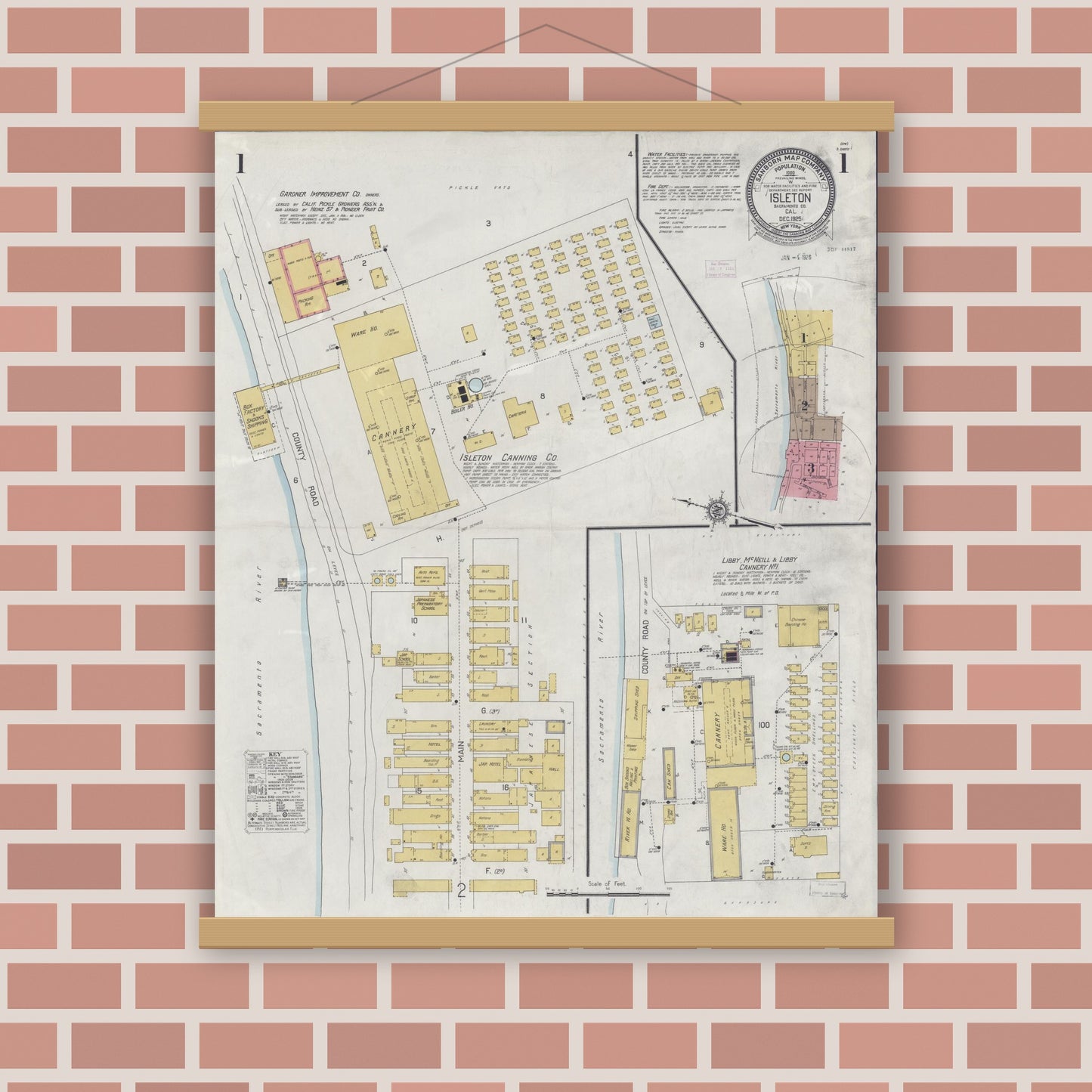 Old map wall art mockup — magnetic wood frame on brick wall — Sanborn Fire Insurance Map from Isleton, Sacramento County, California (1925) - Complete Map Set
