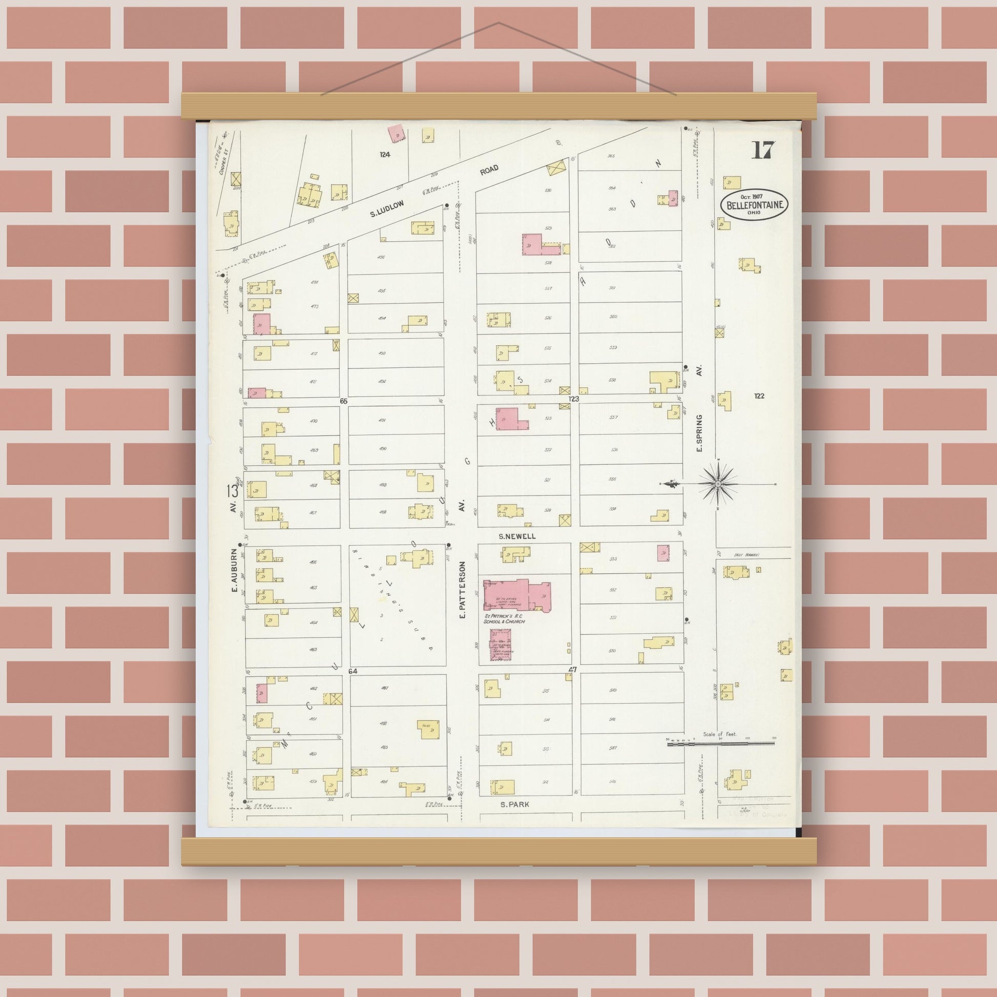 Old map wall art mockup — magnetic wood frame on brick wall — Sanborn Fire Insurance Map from Bellefontaine, Logan County, Ohio (1907), Sheet #0017