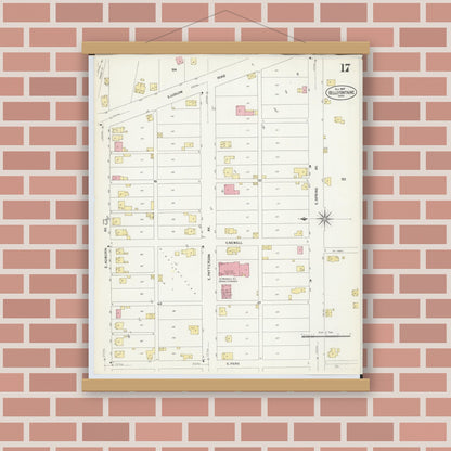 Old map wall art mockup — magnetic wood frame on brick wall — Sanborn Fire Insurance Map from Bellefontaine, Logan County, Ohio (1907), Sheet #0017
