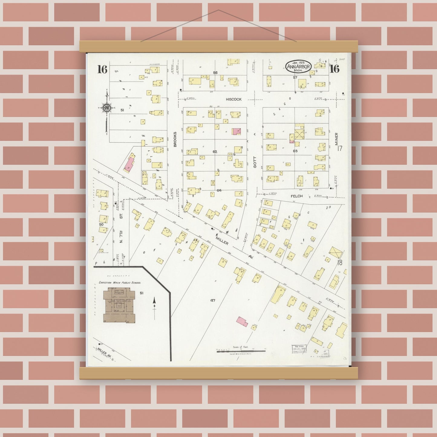 Old map wall art mockup — magnetic wood frame on brick wall — Sanborn Fire Insurance Map from Ann Arbor, Washtenaw County, Michigan (1925), Sheet #0016