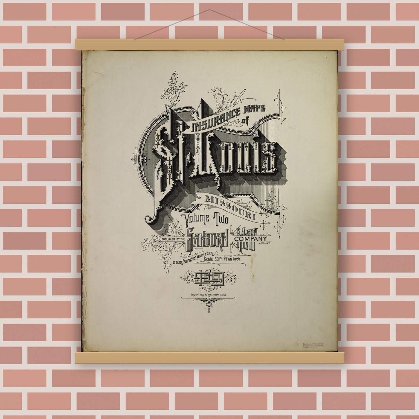 Old map wall art mockup — magnetic wood frame on brick wall — Sanborn Fire Insurance Map from Saint Louis, Independent City, Missouri (1909), Sheet #0001