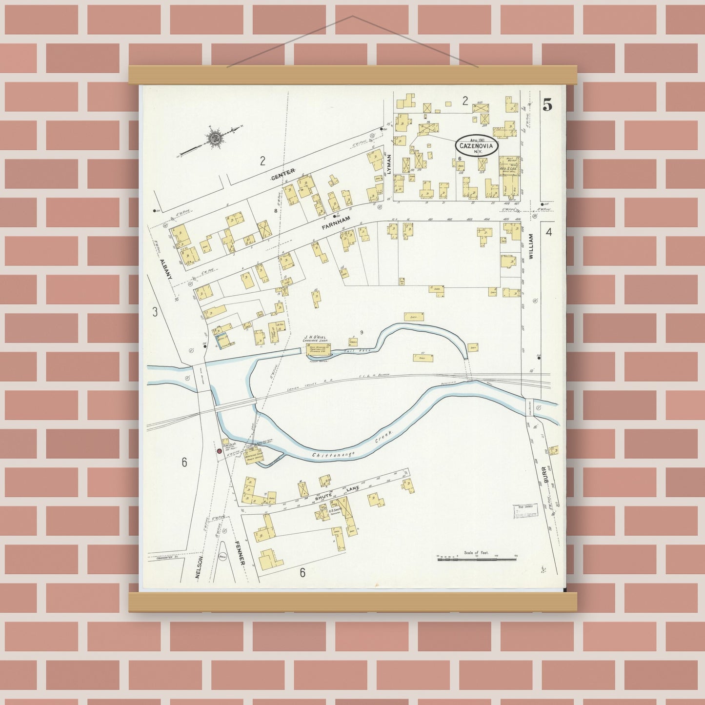 Old map wall art mockup — magnetic wood frame on brick wall — Sanborn Fire Insurance Map from Cazenovia, Madison County, New York (1911), Sheet #0005