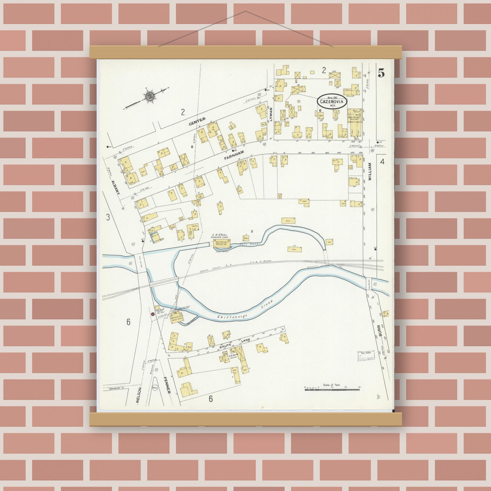 Old map wall art mockup — magnetic wood frame on brick wall — Sanborn Fire Insurance Map from Cazenovia, Madison County, New York (1911), Sheet #0005