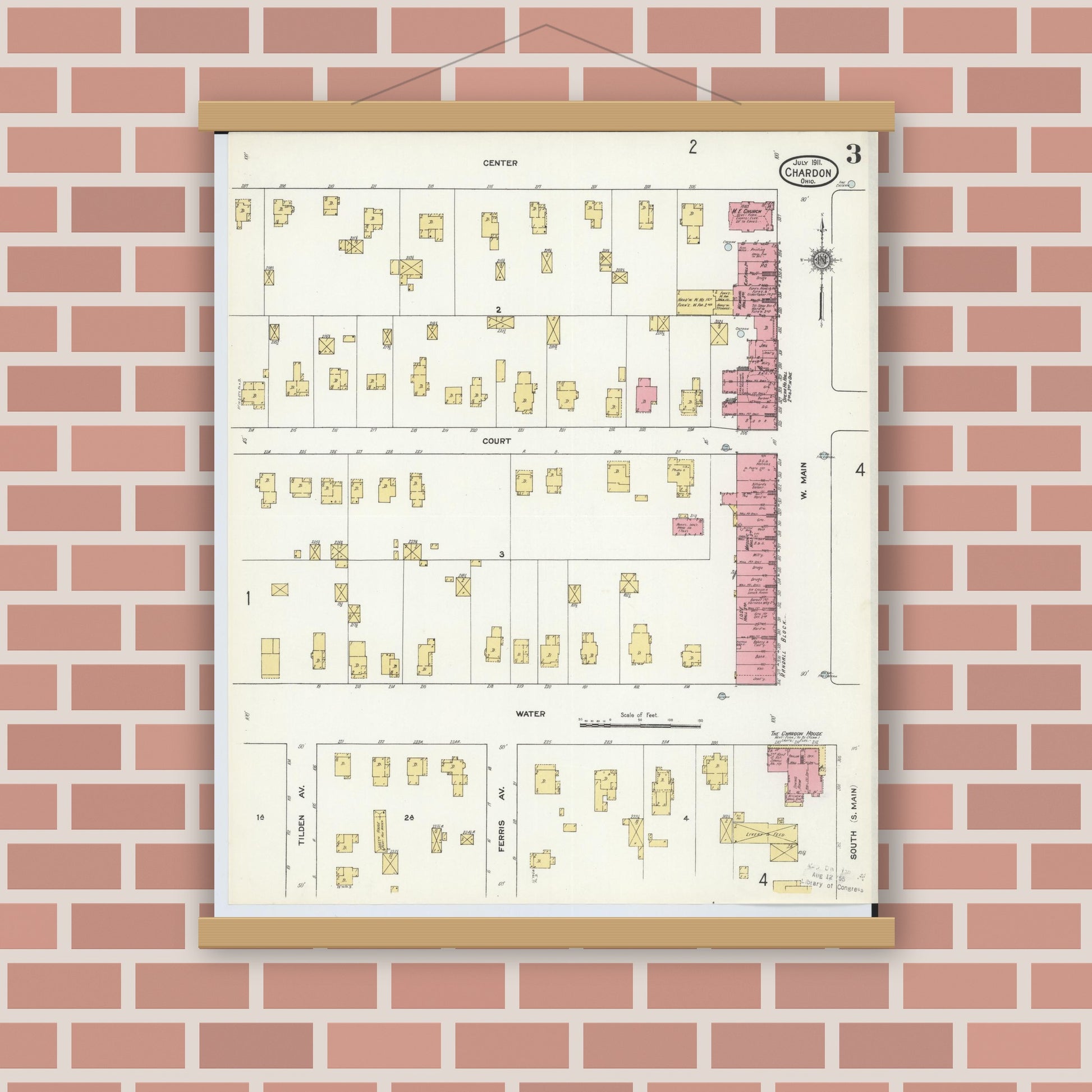 Old map wall art mockup — magnetic wood frame on brick wall — Sanborn Fire Insurance Map from Chardon, Geauga County, Ohio (1911), Sheet #0003