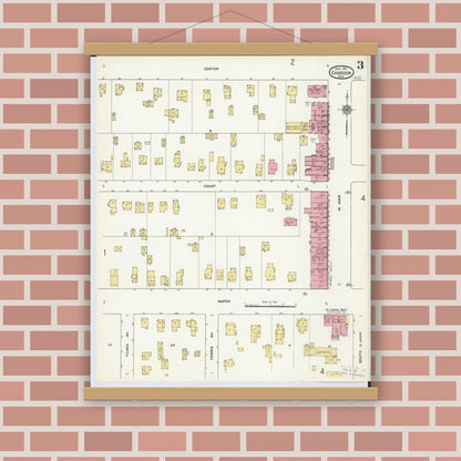 Old map wall art mockup — magnetic wood frame on brick wall — Sanborn Fire Insurance Map from Chardon, Geauga County, Ohio (1911), Sheet #0003