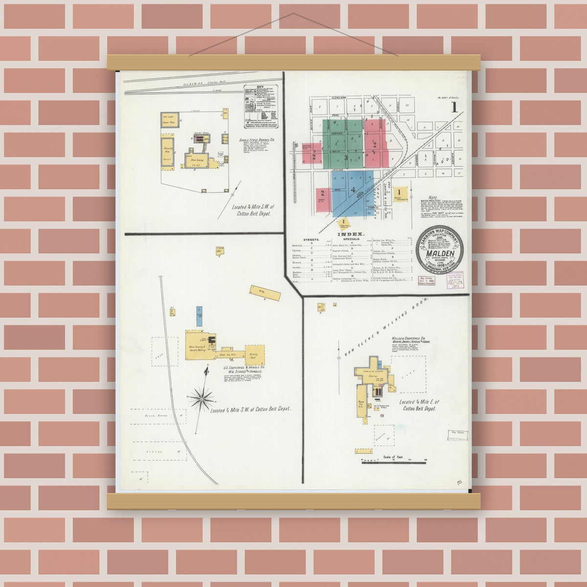 Old map wall art mockup — magnetic wood frame on brick wall — Sanborn Fire Insurance Map from Malden, Dunklin County, Missouri (1906) - Complete Map Set