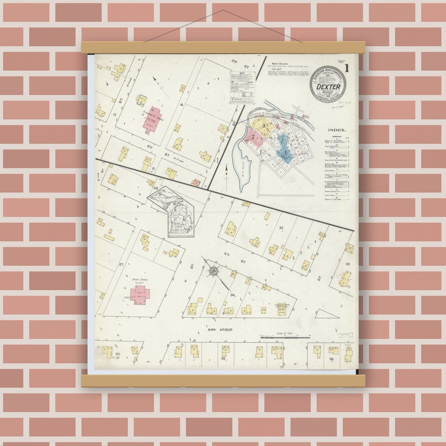 Old map wall art mockup — magnetic wood frame on brick wall — Sanborn Fire Insurance Map from Dexter, Washtenaw County, Michigan (1912) - Complete Map Set