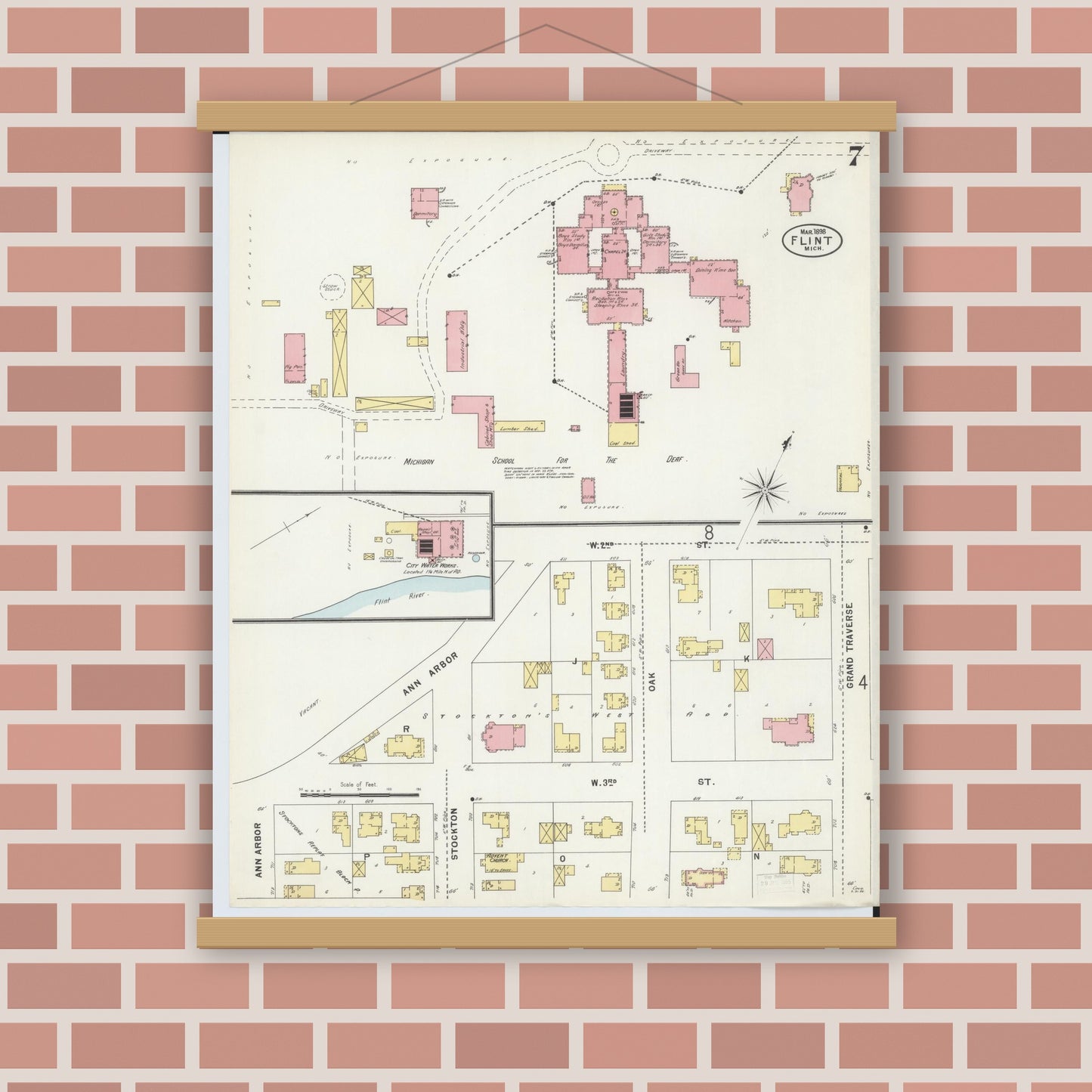 Old map wall art mockup — magnetic wood frame on brick wall — Sanborn Fire Insurance Map from Flint, Genesee County, Michigan (1898), Sheet #0007