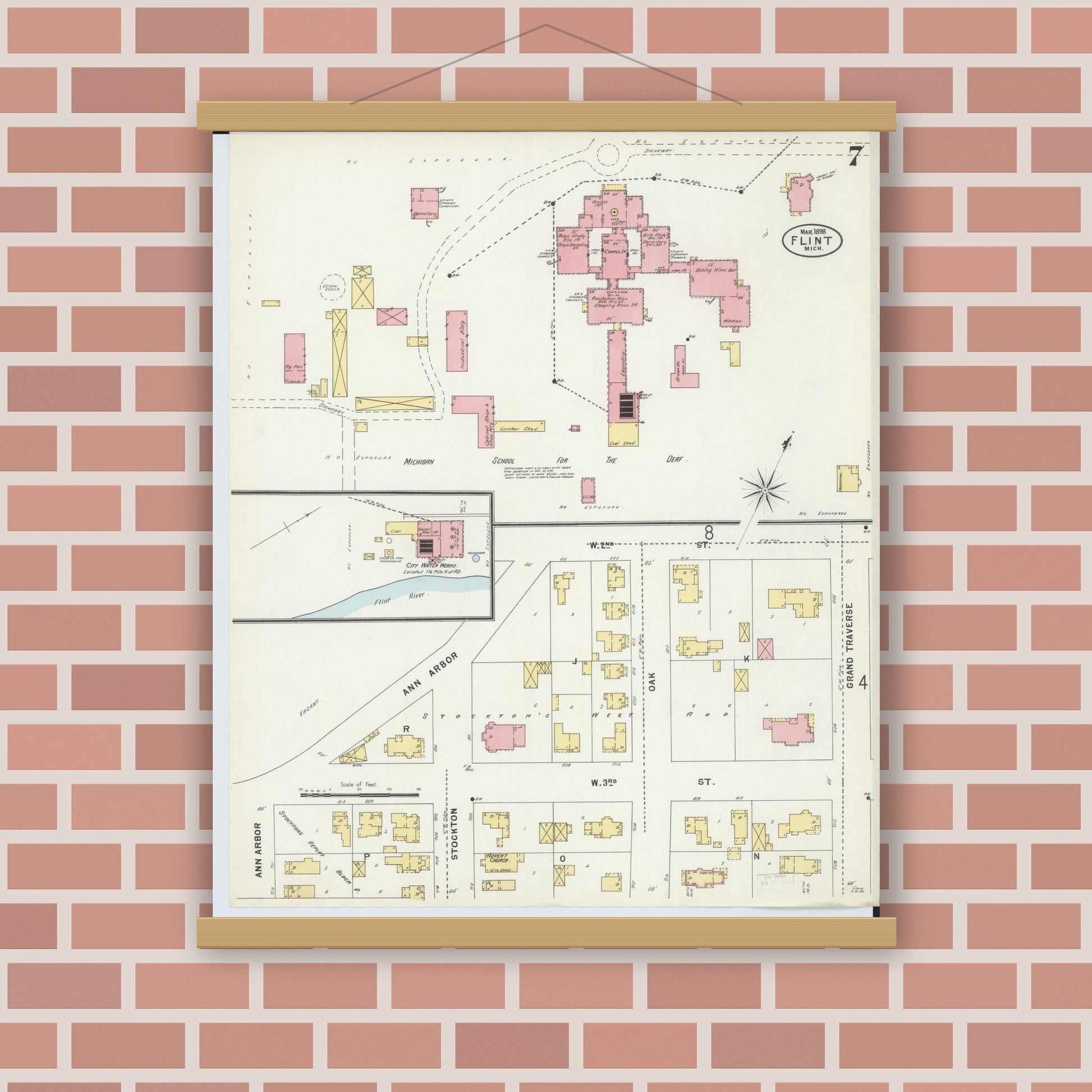 Old map wall art mockup — magnetic wood frame on brick wall — Sanborn Fire Insurance Map from Flint, Genesee County, Michigan (1898), Sheet #0007