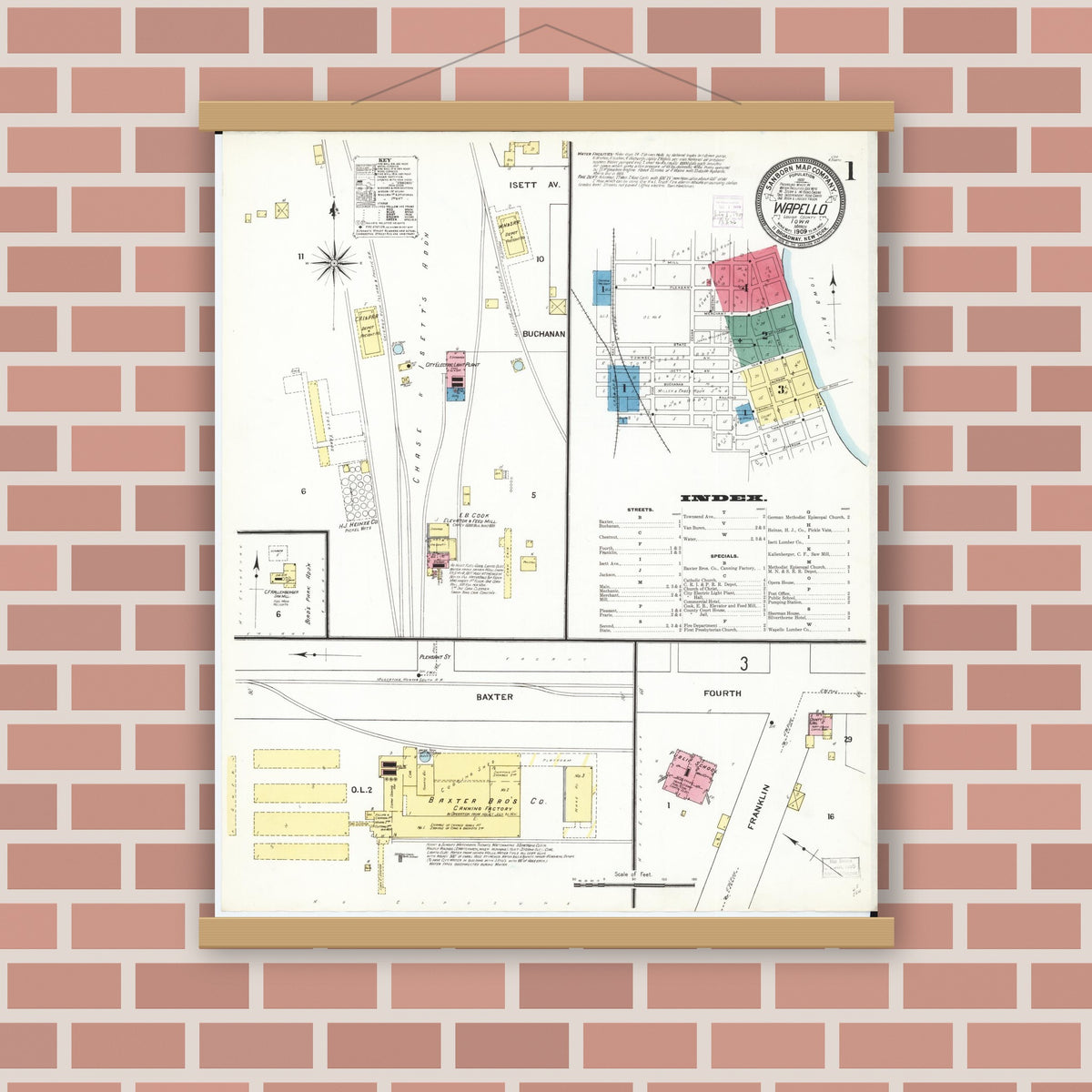 Old map wall art mockup — magnetic wood frame on brick wall — Sanborn Fire Insurance Map from Wapello, Louisa County, Iowa (1909) â€” Complete Set